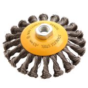 Щетка для УШМ, 125 мм, «Тарелка», крученая нержавеющая проволока 0.5 мм, М14 Denzel