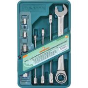 W45508S Набор ключей гаечных комбинированных трещоточных с аксессуарами на держателе, 10-19 мм, 8 предметов